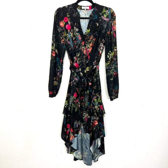 Parker Midi Dress Black Colorful Floral Button Down Long Sleeve Belted 4 Small - Picture 1 of 6